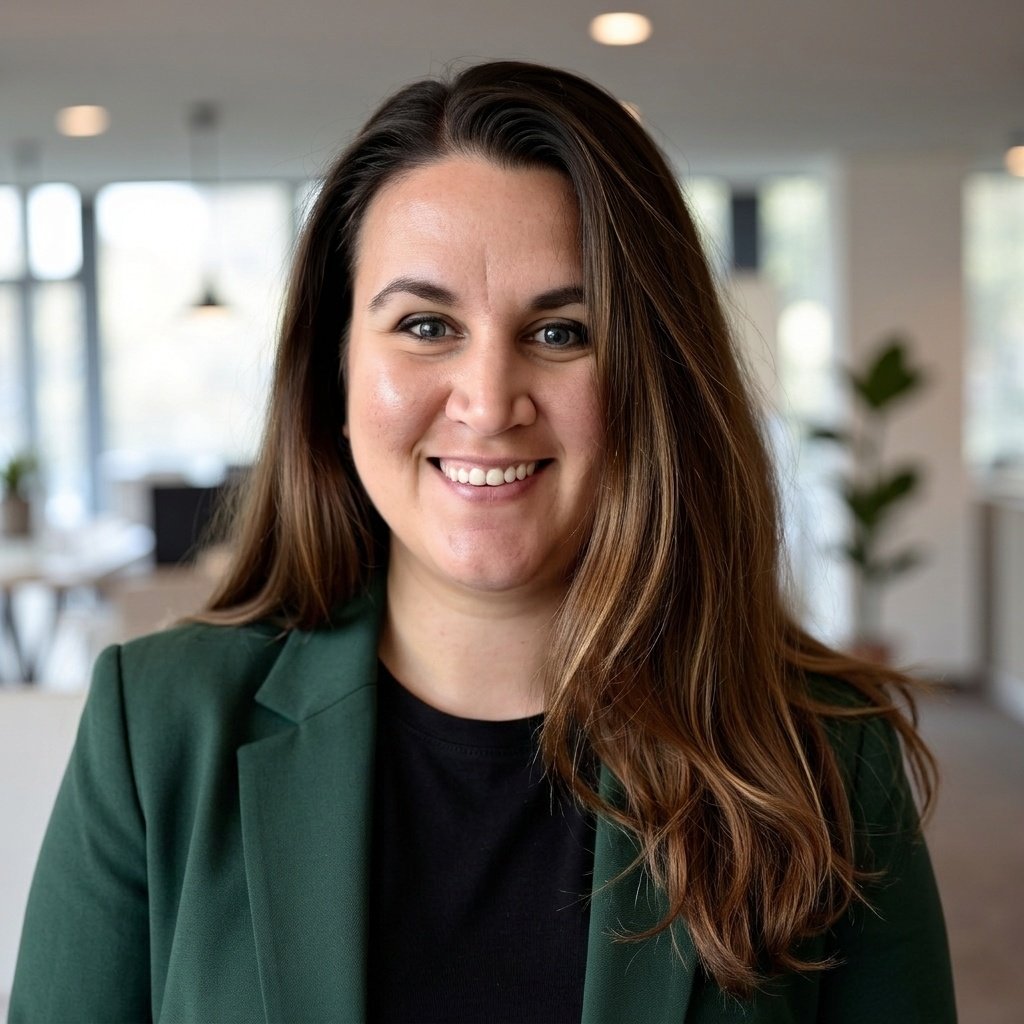 A woman with long brown hair, blue eyes, and a bright smile, wearing a dark green blazer and black top, standing in a modern, well-lit office with large windows and some plants in the background.