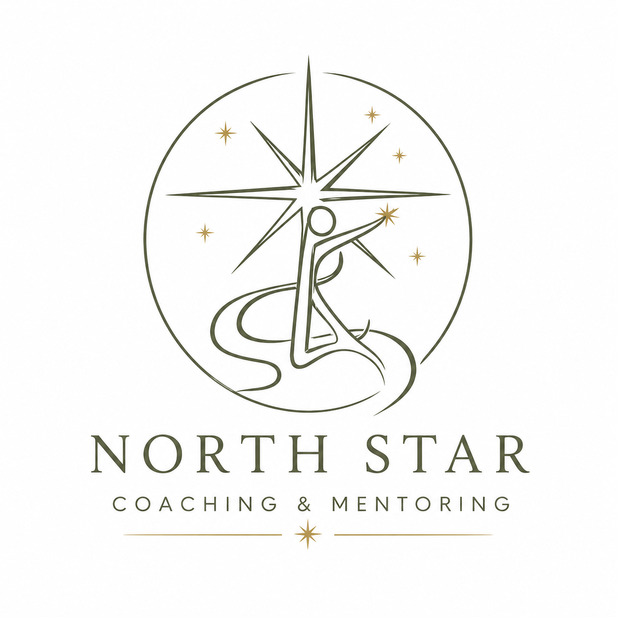 A logo for North Star Coaching & Mentoring featuring a stylized North Star with a person reaching up, surrounded by smaller stars, and the text 'North Star Coaching & Mentoring' beneath.