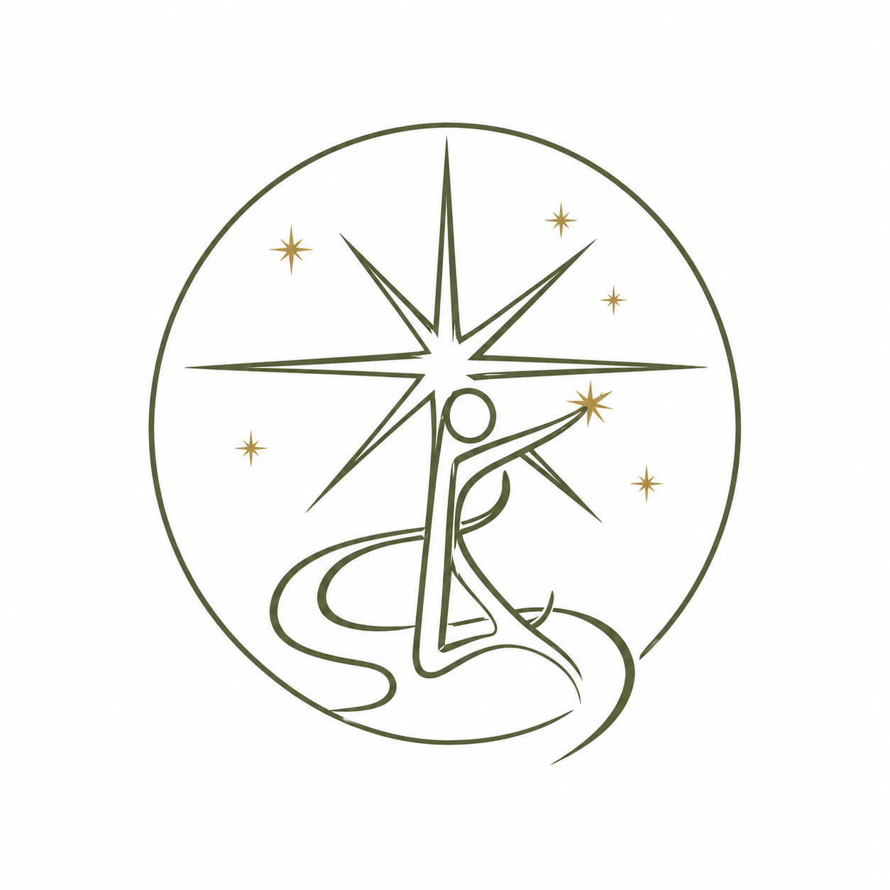 A minimalist illustration of a person reaching towards a large star, surrounded by smaller stars, all enclosed in a circular outline.