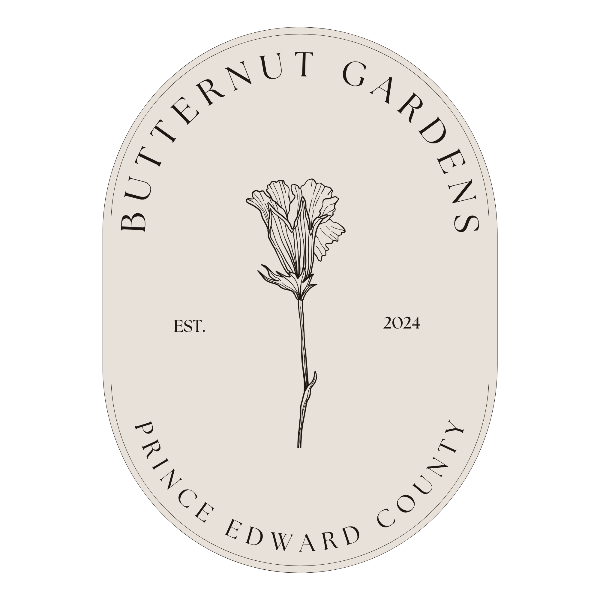 A circular badge with a beige background and black text that reads "Butterner Nut Card" and "Established 2024". The badge features a black and white illustration of a flower at the center.