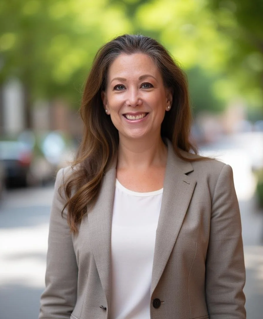 A smiling woman with long brown hair, wearing a beige blazer and white shirt, standing outdoors with out-of-focus green trees and parked cars in the background.