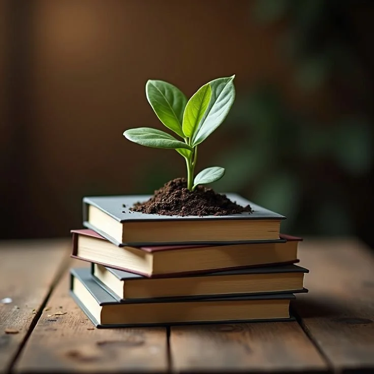 A small green plant growing out of a pile of soil on top of a stack of books on a wooden table.