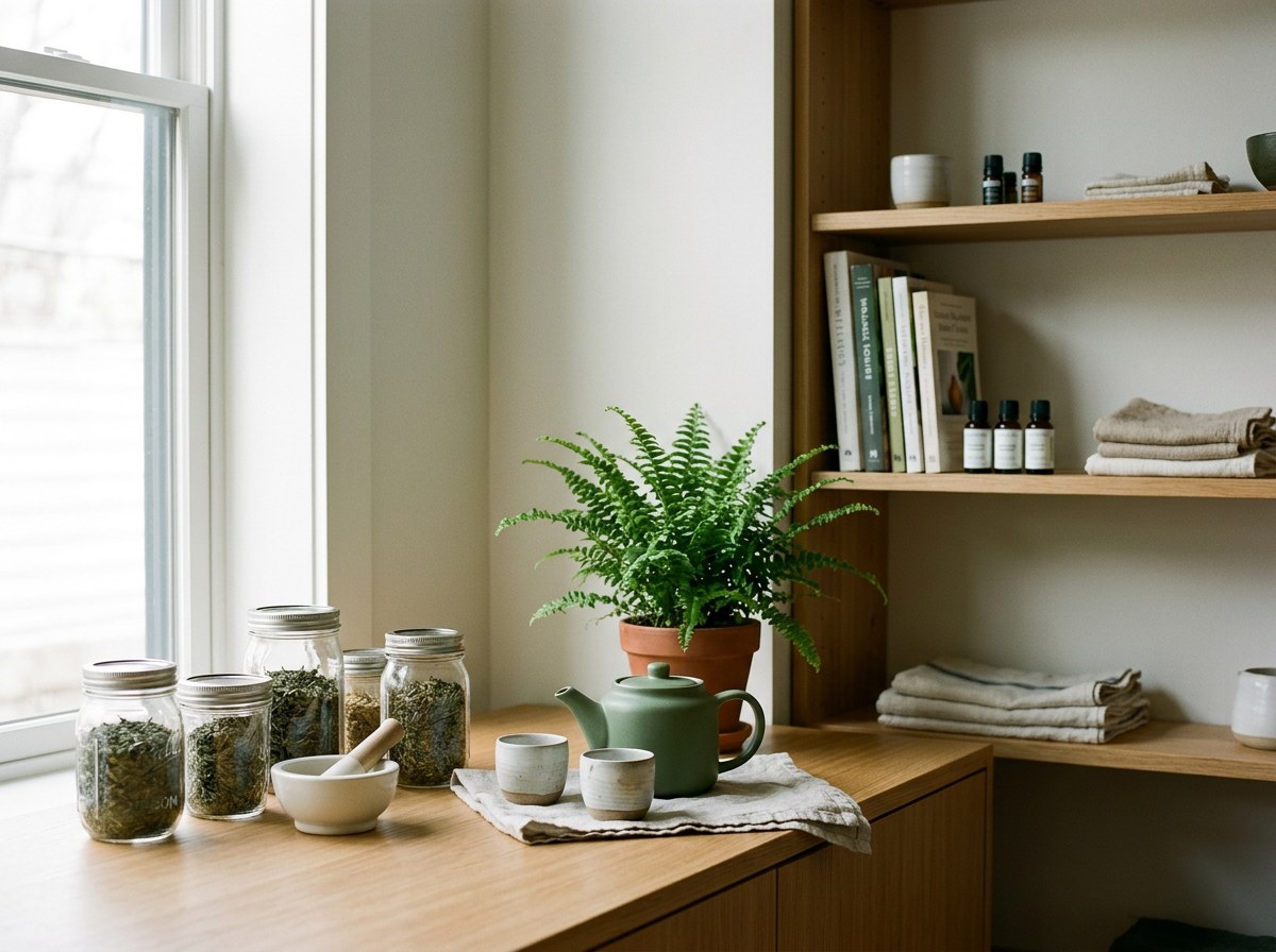 A wooden counter near a window with jars of dried herbs, a potted fern, a green teapot, two small cups, and a mortar and pestle, with shelves holding books, towels, bottles, and bowls in the background.