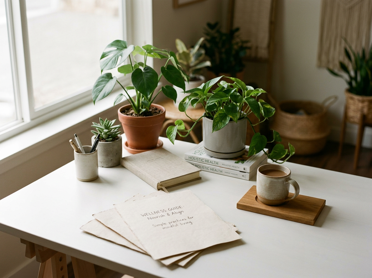 A white desk near a window with three potted plants, a notebook, some documents, a cup of coffee on a wooden tray, and three books, in a cozy room.
