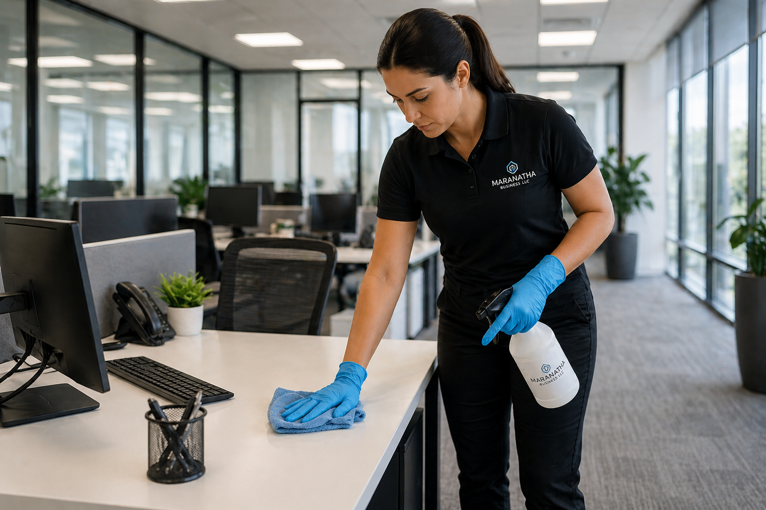 Woman cleaning an office desk with a spray bottle and a cloth, wearing blue gloves and a uniform with the logo 'Maranatha Business LLC.'