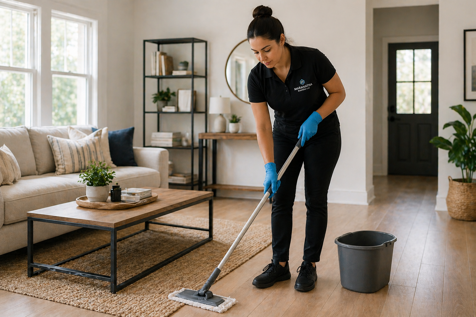 A woman wearing a black uniform with blue gloves cleaning a wooden floor with a mop in a living room with a beige sofa, black metal shelving, and green plants.