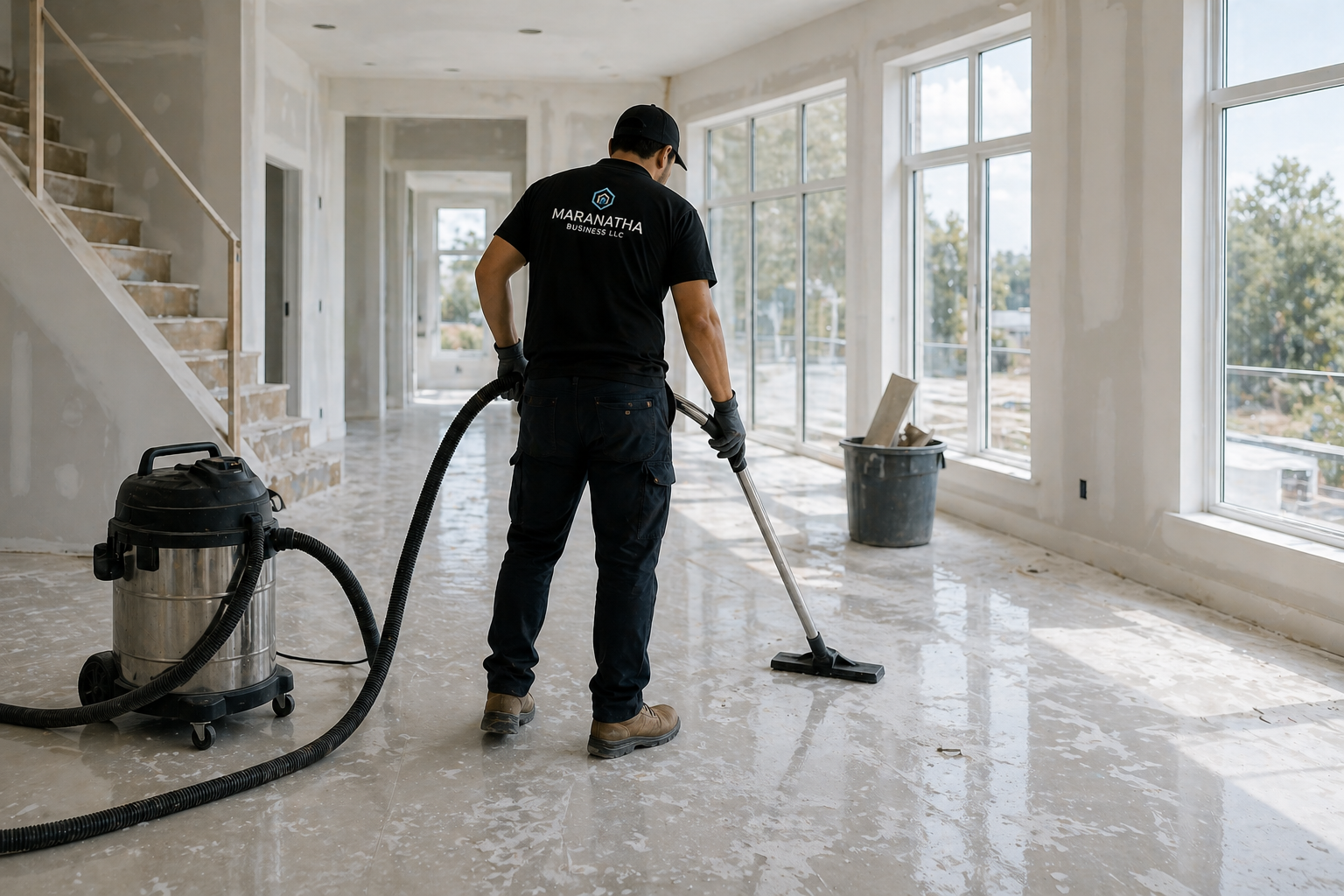 A worker in black uniform cleaning a large, bright room with a vacuum and wet floor during construction or renovation.