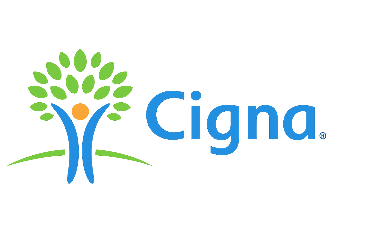 The Cigna insurance company official logo featuring a stylized human figure with green leaves for a head and orange circle for a face, with the word 'Cigna' in blue beside it.