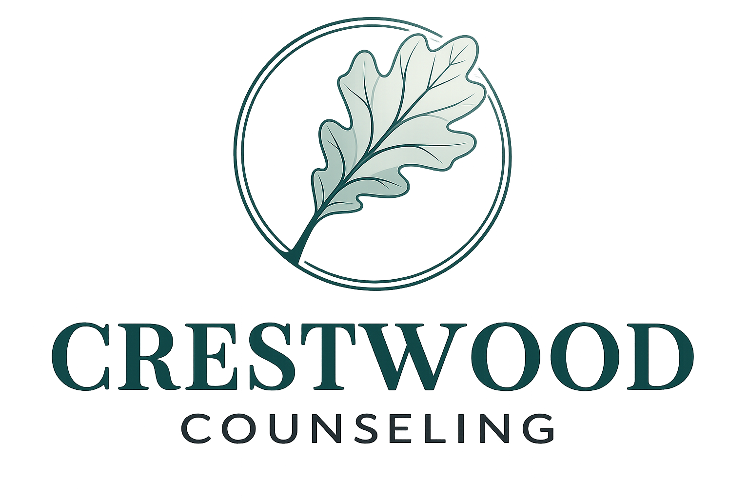 Neon sign with a leaf and the text 'Crestwood Counseling' in glowing teal and white