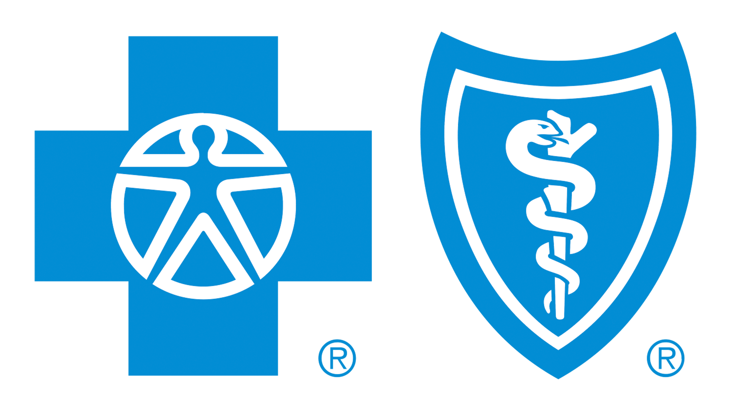 The Blue Cross and Blue Shield official logo featuring  two medical logos in blue and white: one features a cross with an abstract human figure in the center, the other a shield with a staff and snake symbol.