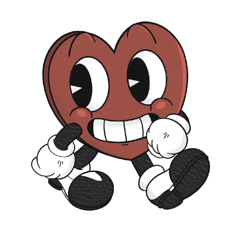 Fake Suede's Quint, A cartoon heart character with large eyes, a big smile, and white gloves, skip walking
