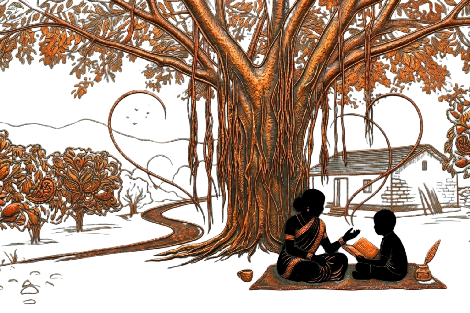 A detailed depiction of a large tree with sprawling roots and leafy branches, with two silhouetted figures, one woman and one man, sitting on a mat beneath the tree. The woman appears to be reading a book while the man listens attentively. In the background, there is a park bench and a pathway, suggesting a peaceful outdoor setting.
