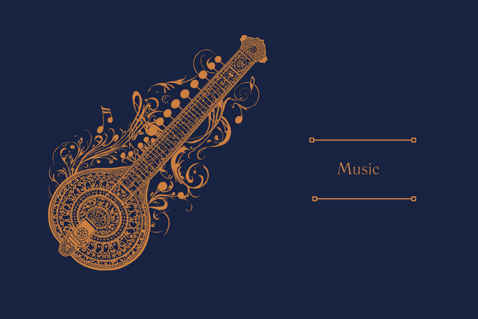 A decorative musical instrument illustration with swirling musical notes, alongside the word 'Music' on a dark blue background.