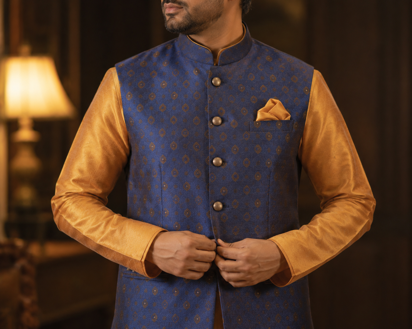 A man is wearing a traditional blue and gold ethnic jacket with a pocket square, holding the buttons of his jacket with both hands, in a warmly lit room.