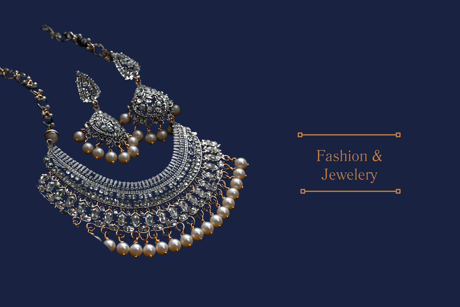 A collection of silver and gold jewelry, including a necklace and earrings, with pearls and gemstones, displayed on a dark blue background. The text 'Fashion & Jewelry' is written in copper-colored font on the right side.