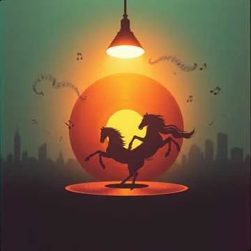Two silhouetted horses with manes and tails leap in front of a large setting sun, with city skyline in the background and a hanging light above.