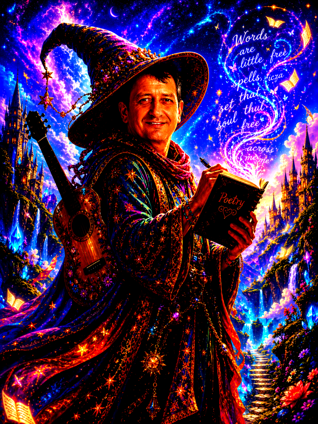 A man dressed as a wizard with a colorful, star-patterned cloak and a large pointed hat, holding a book labeled 'Poetry' and a pen, standing in a magical, vibrant fantasy landscape with castles, waterfalls, and glowing crystals, with a swirling cloud