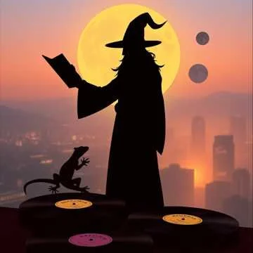 Silhouette of a wizard with a pointed hat and a long beard casting a spell during sunset, with a rat on a table and vinyl records in the foreground, city skyline in the background.