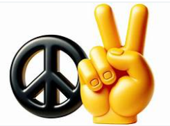 Peace sign hand gesture next to a peace symbol