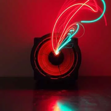 A speaker emitting colorful light trails with red, blue, and white streaks against a dark background.