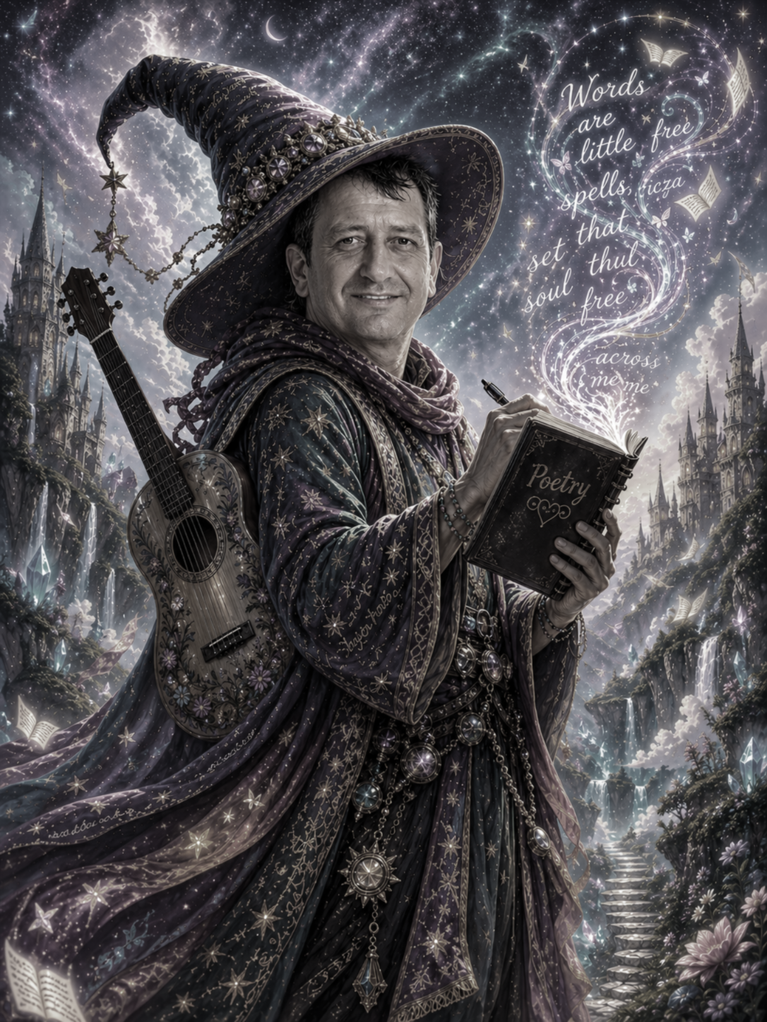 A man dressed as a wizard with a large decorated hat, holding a book titled 'Poetry' and a pen, with a guitar on his back, standing amidst a fantasy landscape with castles, waterfalls, and glowing sky, surrounded by floating open books, stars, and sp