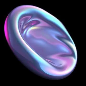 Colorful, iridescent abstract shape resembling a shiny, smooth, oval gemstone or shell against a black background.