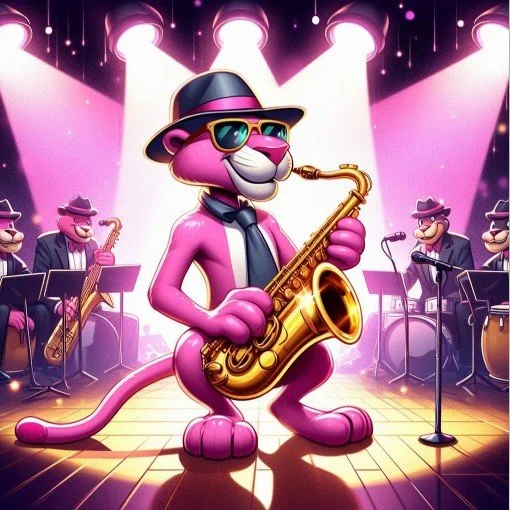 Cartoon pink panther dressed as a jazz musician playing saxophone on stage with a band, under colorful stage lights.
