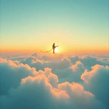 A person riding a bicycle on clouds in the sky during sunset or sunrise.