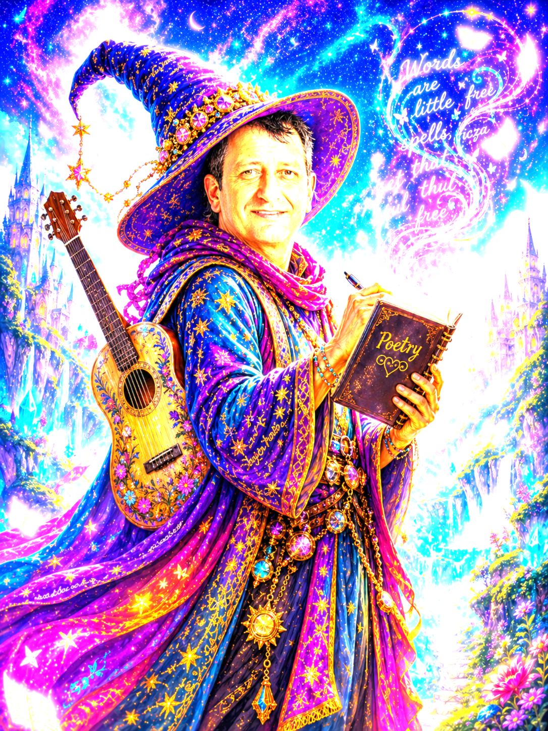 A man dressed as a wizard in a colorful, starry robe and large pointed hat, holding a book titled 'Poetry' and a pen, with a starry, magical background and small castle in the distance.
