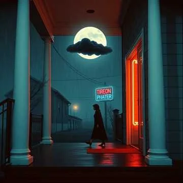 Nighttime porch scene with a person walking past a neon-lit doorway, a full moon in the sky, and a cloud partially covering the moon.