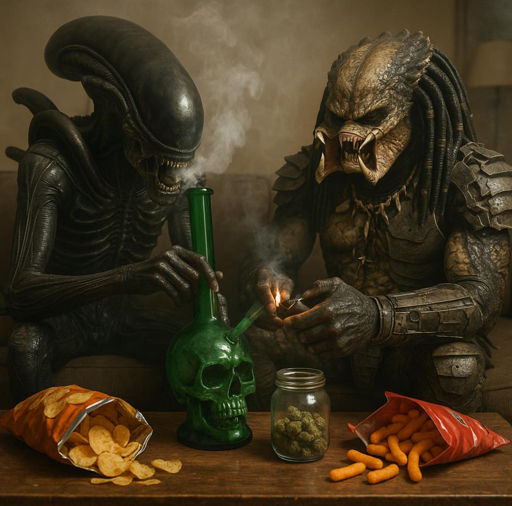 Two aliens with fierce, monstrous faces sit at a table filled with potato chips, carrots, and a jar of green cannabis buds. One alien is smoking from a skull-shaped bong, and the other is lighting a joint.