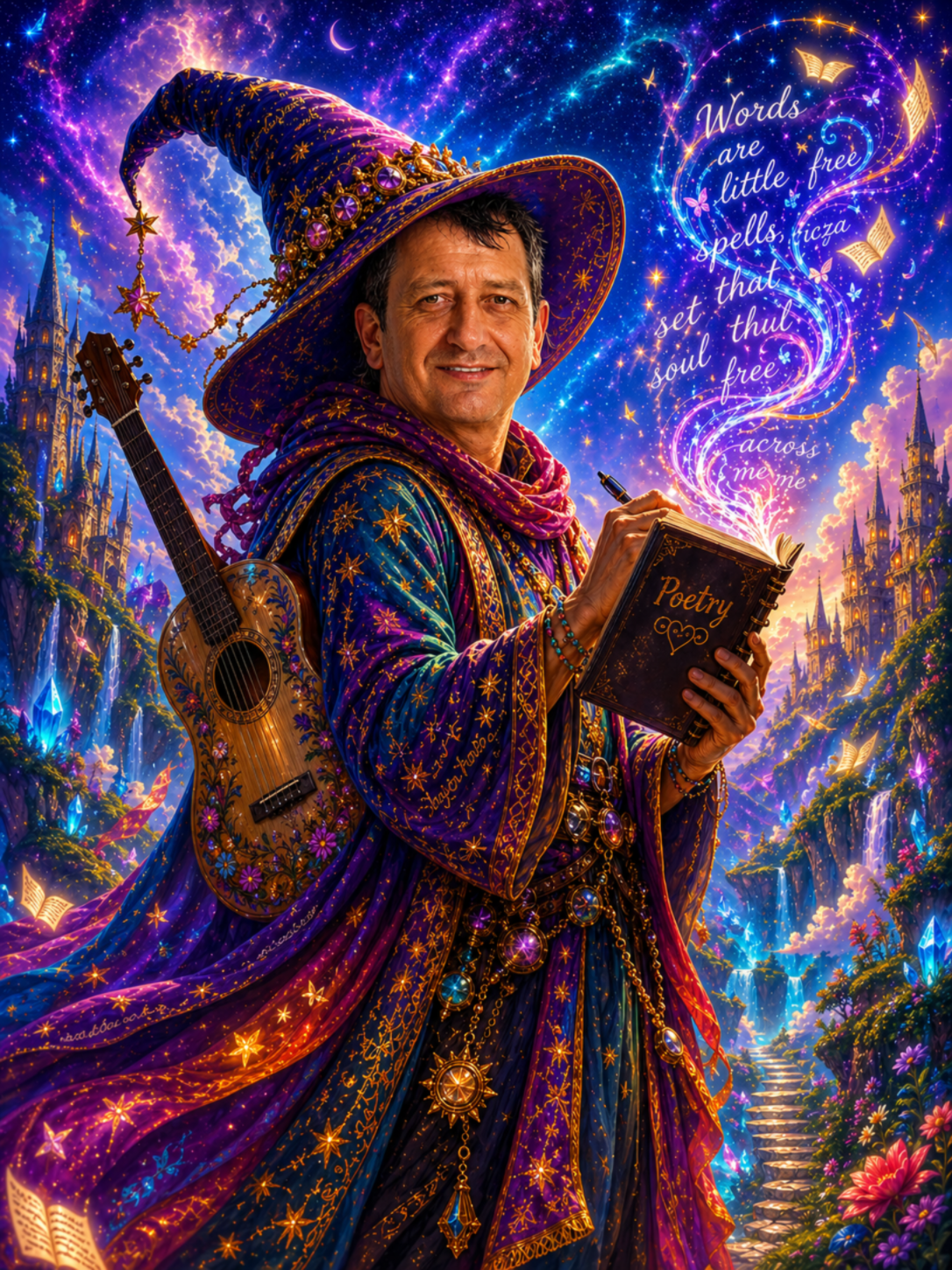 A man dressed as a wizard with a pointed hat, holding a book titled 'Poetry,' with a guitar on his back. The background is a colorful, fantasy landscape with castles, waterfalls, and glowing crystals, and swirling lights with a quote about words and 