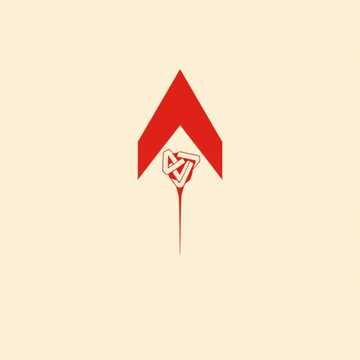Red arrow pointing upward with a geometric, abstract design inside it on a beige background.