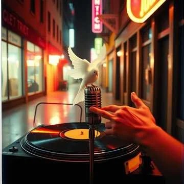 A person's hand adjusts a vinyl record on a turntable with a dove figurine perched on a microphone, set against a neon-lit city street at night.