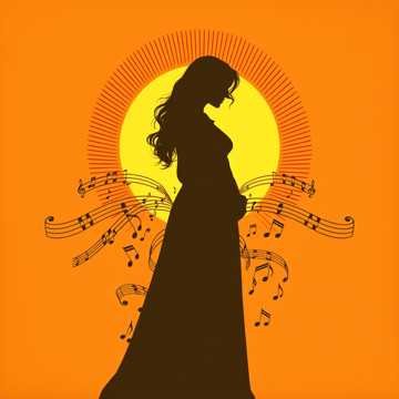 Silhouette of a woman in a long dress with long hair, standing against an orange background with a yellow circle behind her. Musical notes and staves surround her.