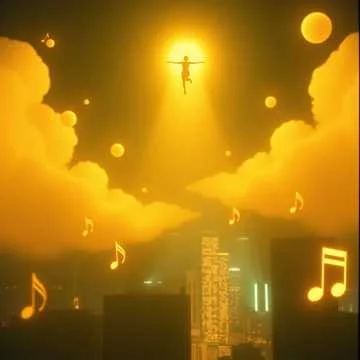 A person falling or flying with arms outstretched, illuminated by a bright yellow light in a sky filled with clouds, moons, and floating musical notes above a cityscape.