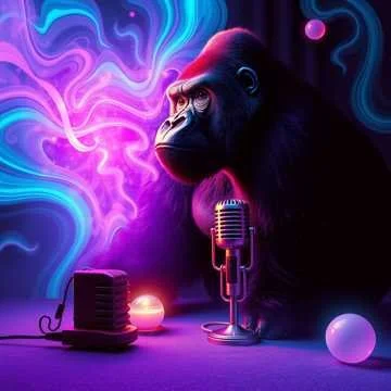 A gorilla with colorful lighting effects in the background, with a microphone, a speaker, a crystal ball, and a ball on a table in the foreground.