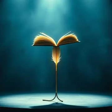 An open book balanced on a stand, with a light shining down on it in a dark room.