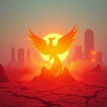 A phoenix rising with outstretched wings in front of a bright sun, set against a desert landscape with city skyscrapers in the background.