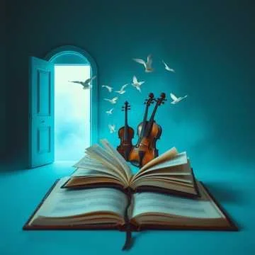 Open book with two violins and flying birds emerging from it, with an open door showing a bright sky in the background.