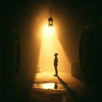 A person standing in a dimly lit industrial or warehouse space, illuminated by a hanging light fixture, with shadows and reflections on the wet floor.