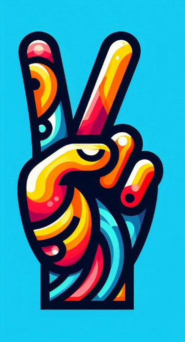 A colorful cartoon-style illustration of a hand making the peace sign against a blue background.