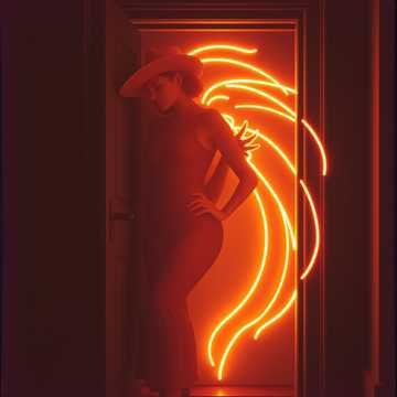A woman standing in front of a neon light display with red and orange glowing lines, holding a cowboy hat.