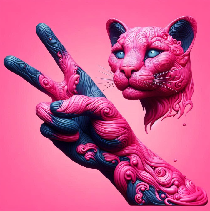A surreal digital artwork of a pink lion's head merging with a human hand making a peace sign, with swirling patterns and a pink background.