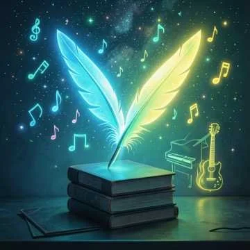 Books with glowing blue and yellow feathers as quills, surrounded by musical notes and symbols, with a piano and guitar in the background.