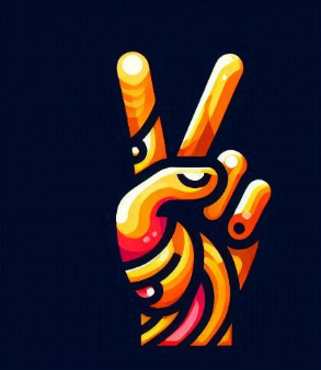 A colorful, cartoon-style hand making a peace sign against a dark background.
