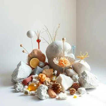 Decorative arrangement with various rocks, dried plants, and small objects in neutral and earthy tones on a white surface