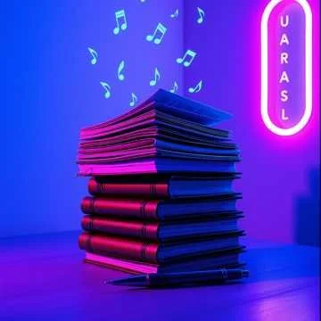 Stack of colorful notebooks with musical notes floating above and a neon sign that says 'UARASL' in pink against a blue background.