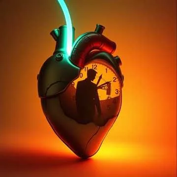 A surreal image of a human heart shaped clock with a silhouette of a person inside, holding a suitcase and pointing at a time on the clock. The background is a warm gradient of orange and yellow.