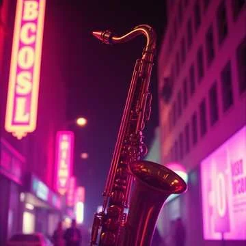 A neon-lit city street at night with a saxophone hanging from a lamppost, illuminated by pink and purple lights.